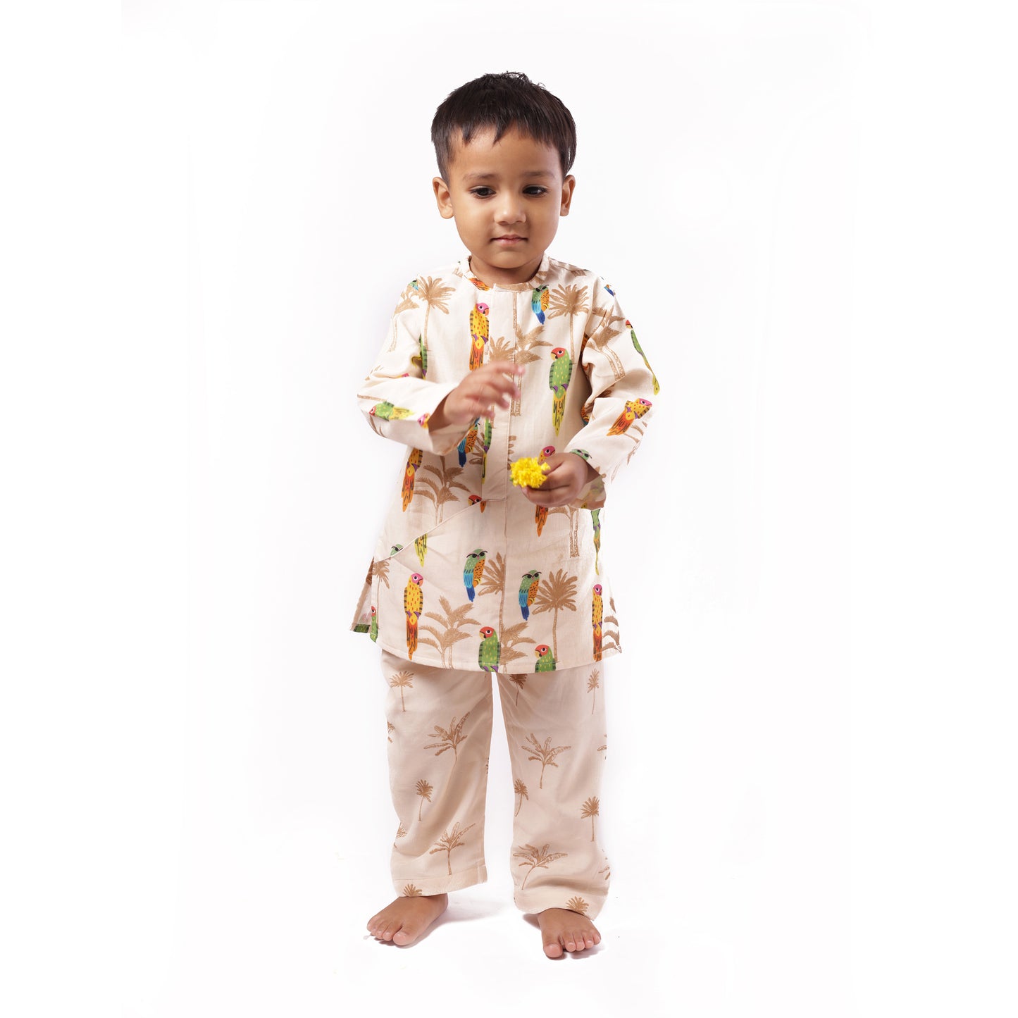 Mul Chanderi 'Parrot Party' Kurta Set for Boys