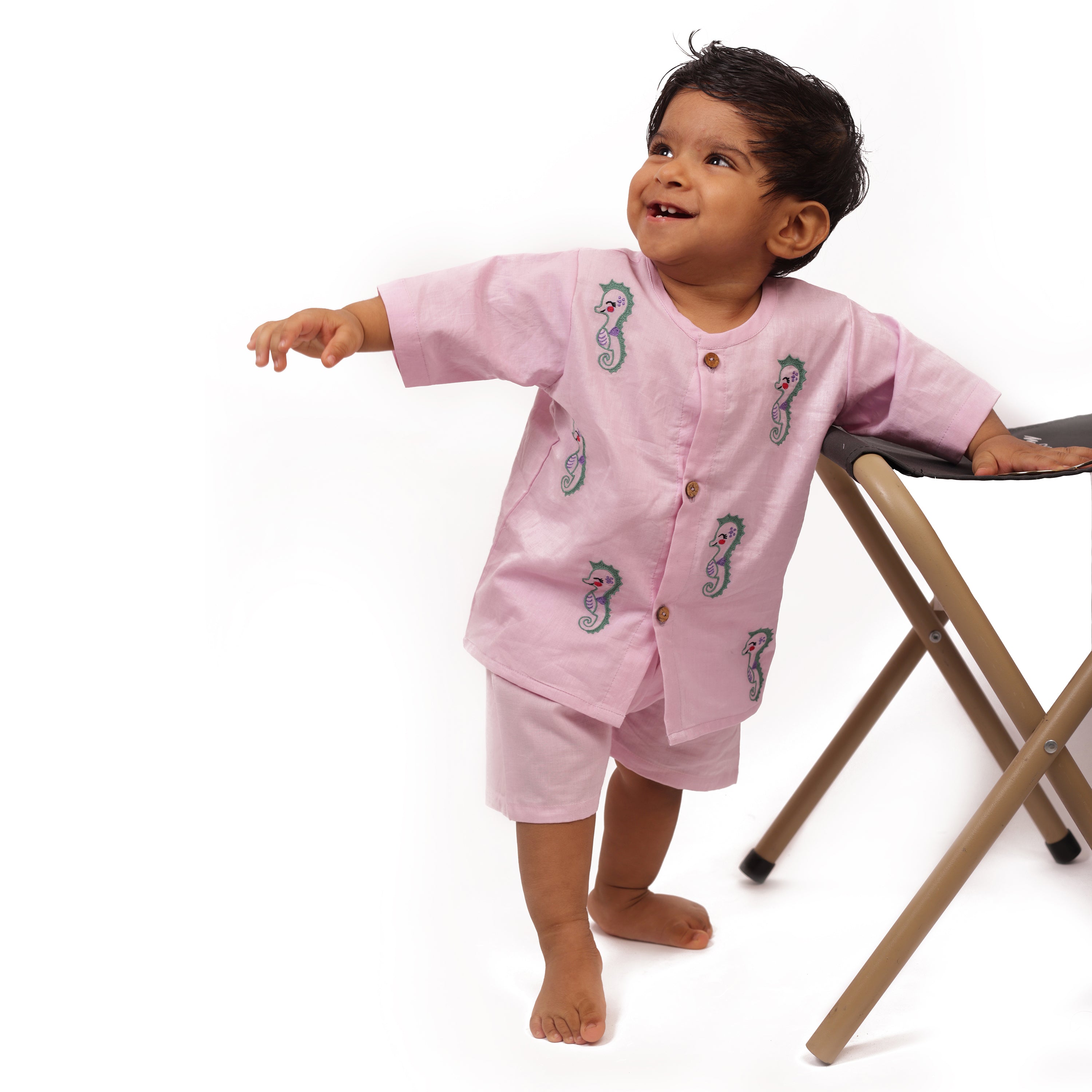 Organic cotton seahorse embroidered jhabla set for infants, toddlers and kids-perfect for casual outings