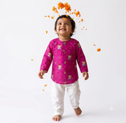 Organic Cotton Unisex 'Bappa Morya' Bandhej Kurta Set (Purple)