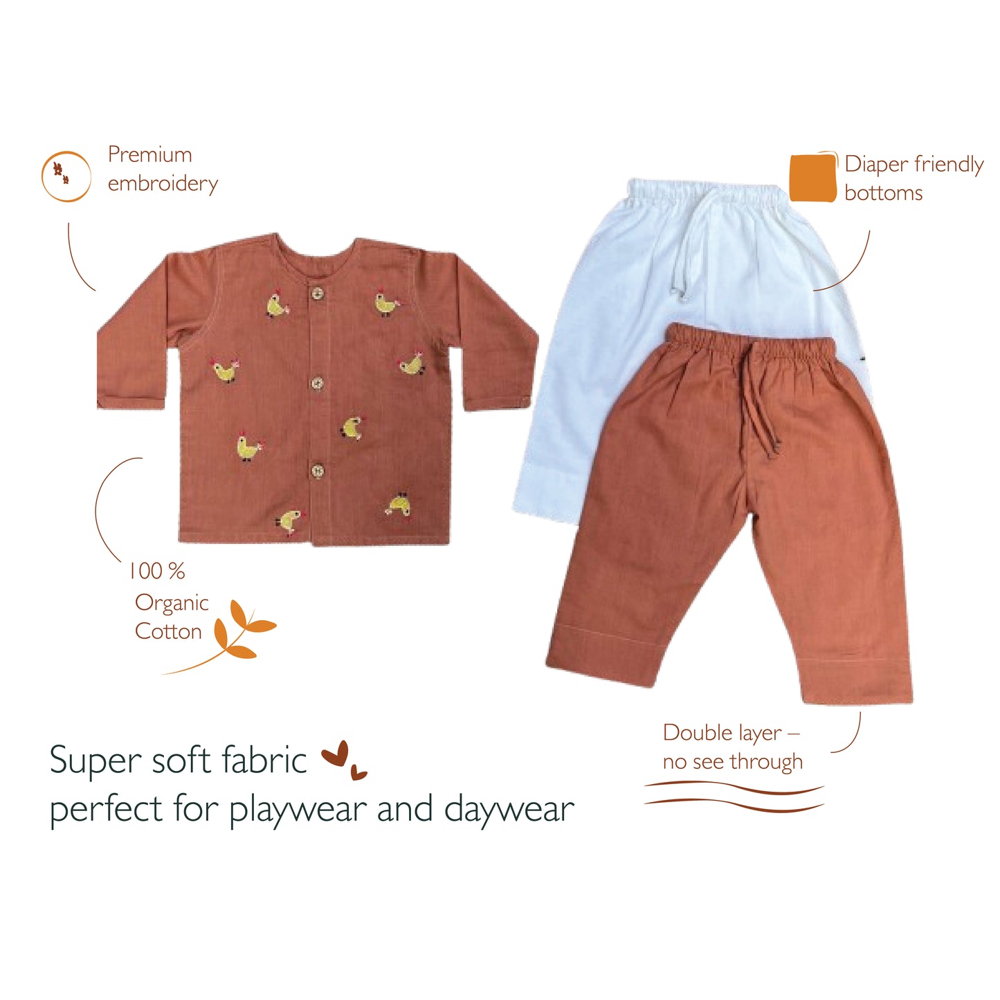Organic Cotton Full Sleeves Jhabla with Two Pyjamas- Hen
