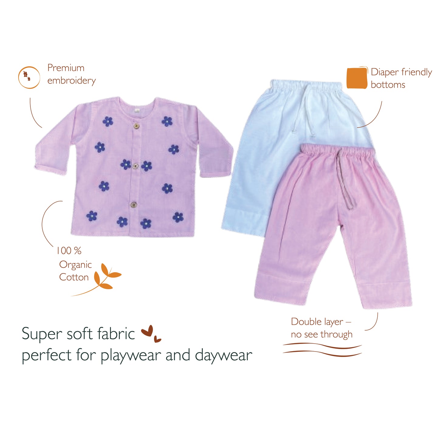 Organic Cotton Full Sleeves Jhabla with Two Pyjamas- Daisy