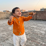 Chanderi Unisex Orange Bandhej Kites Print Kurta Set