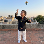 Chanderi Unisex Black Bandhej Kites Print Kurta Set