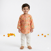 Organic Cotton Unisex 'Veer Hanuman' Kurta Set - Orange