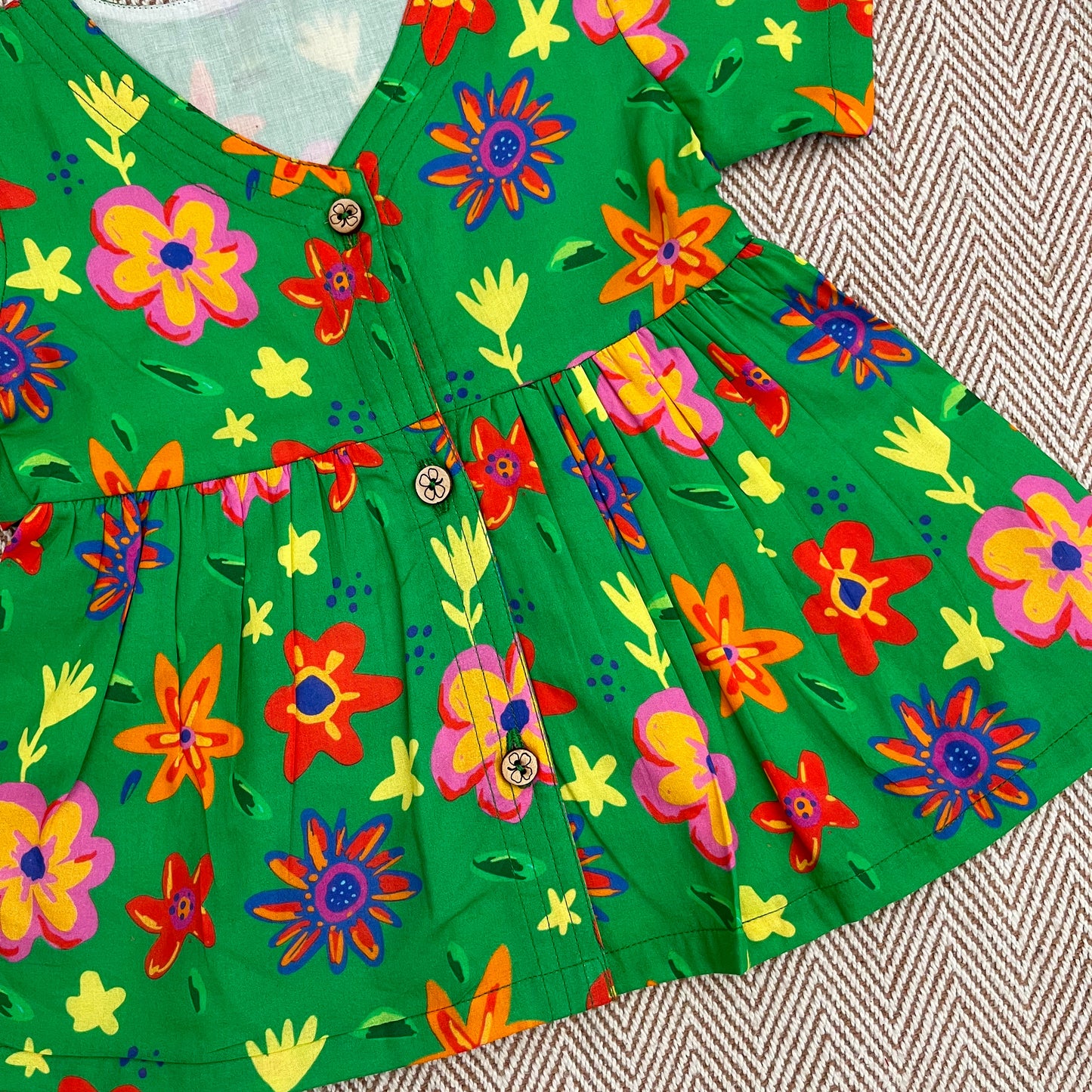 Organic cotton green floral print frock for infants, toddlers and kids-perfect for festive occasions
