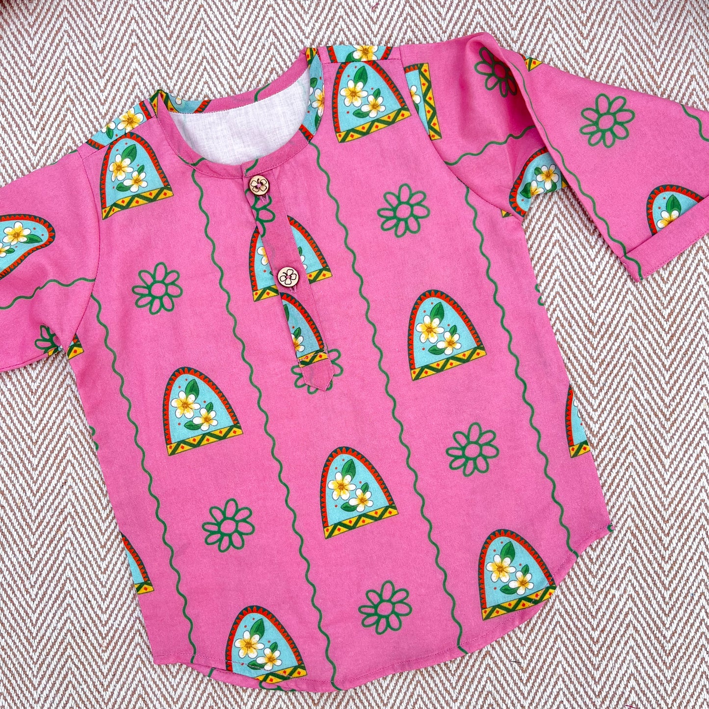 'Nani Ghar ka Champa'- Organic Cotton Unisex Pink Floral Kurta Set
