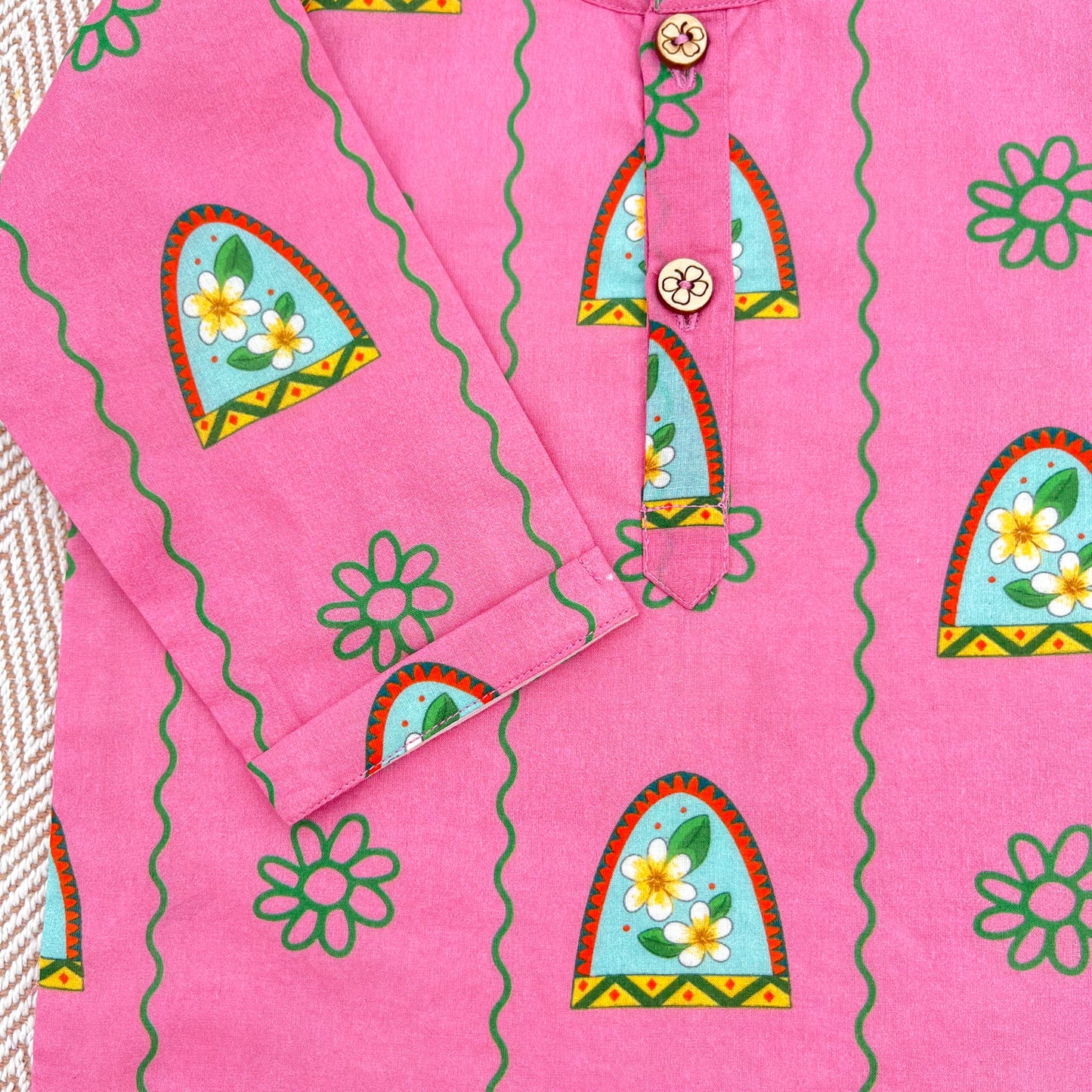 'Nani Ghar ka Champa'- Organic Cotton Unisex Pink Floral Kurta Set