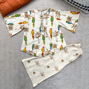 Chanderi 'Parrot Party' Kurta Set for Girls
