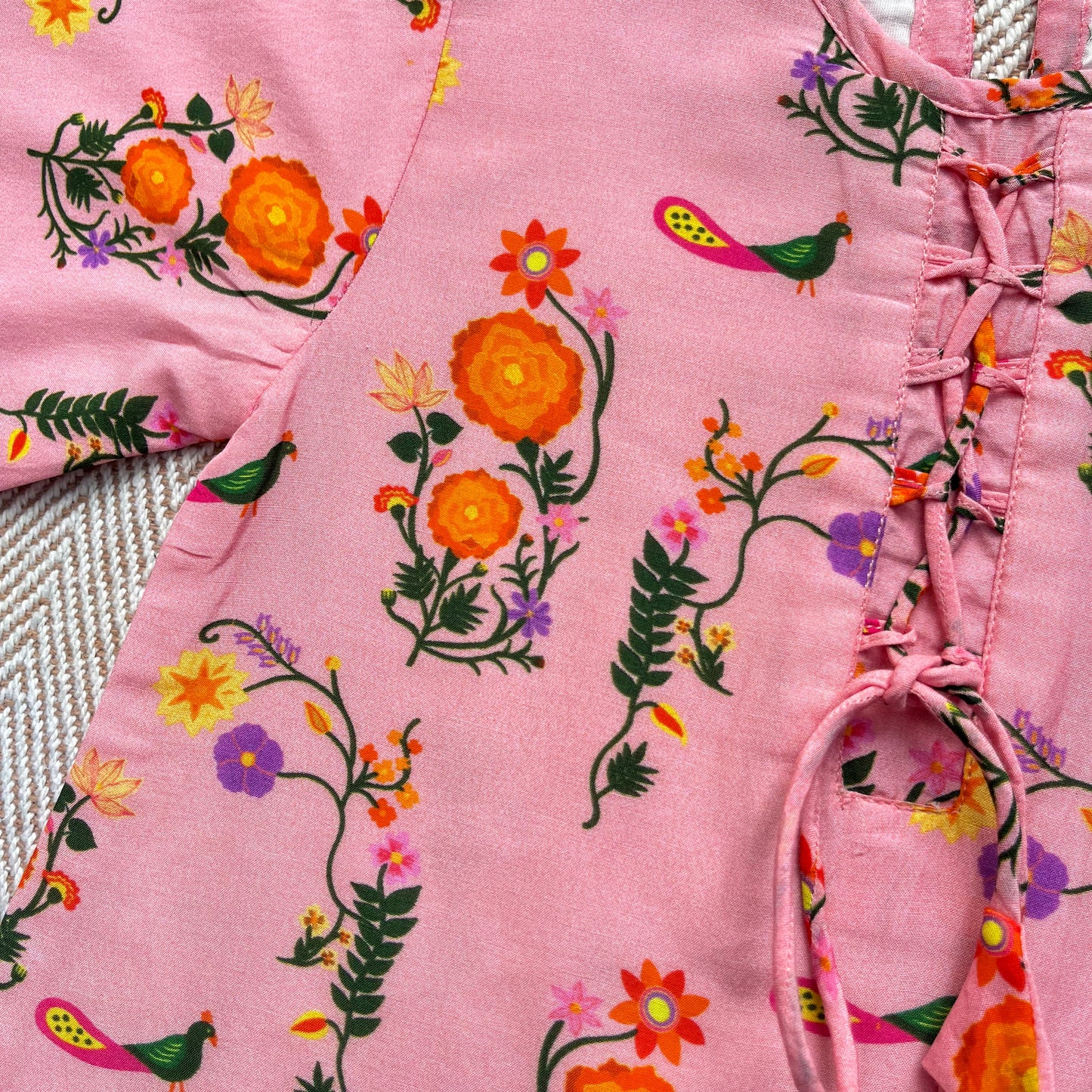 Mul Chanderi 'The Pink City's Peacock' Kurta Set for Girls