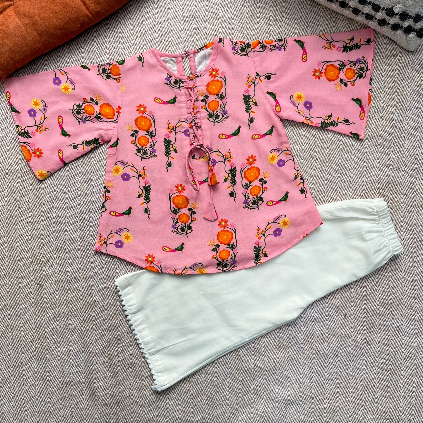 Mul Chanderi 'The Pink City's Peacock' Kurta Set for Girls