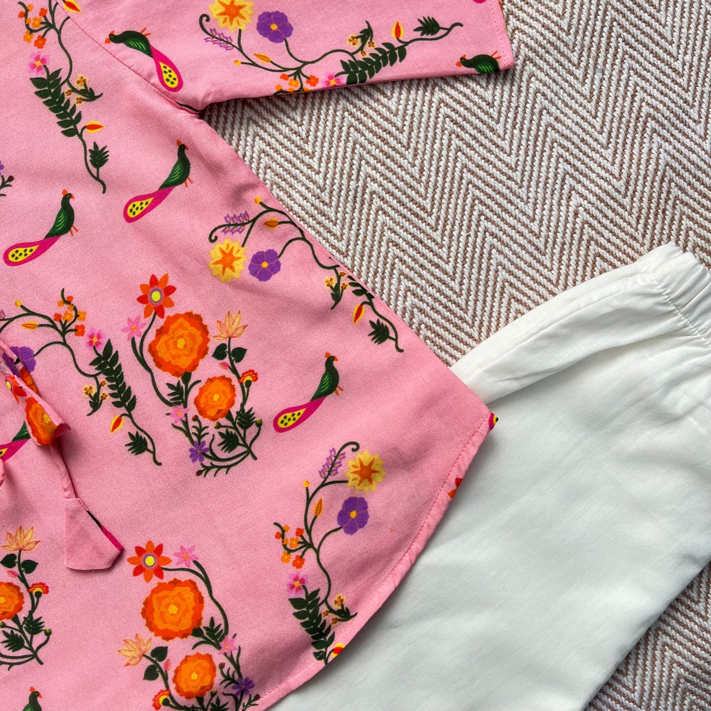 Mul Chanderi 'The Pink City's Peacock' Kurta Set for Girls