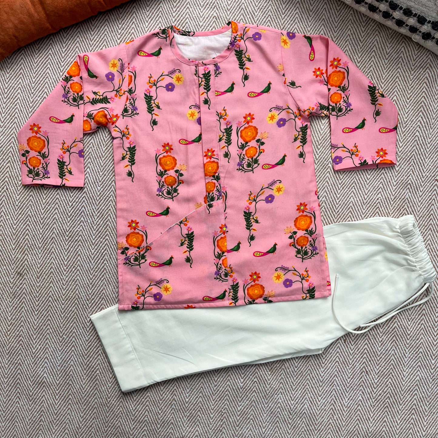 Mul Chanderi 'The Pink City's Peacock' Kurta Set for Boys