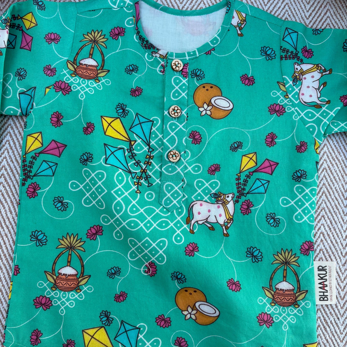 Pongal special organic cotton 'Pongalo Pongal' Unisex kurta for infants, toddlers and kids.