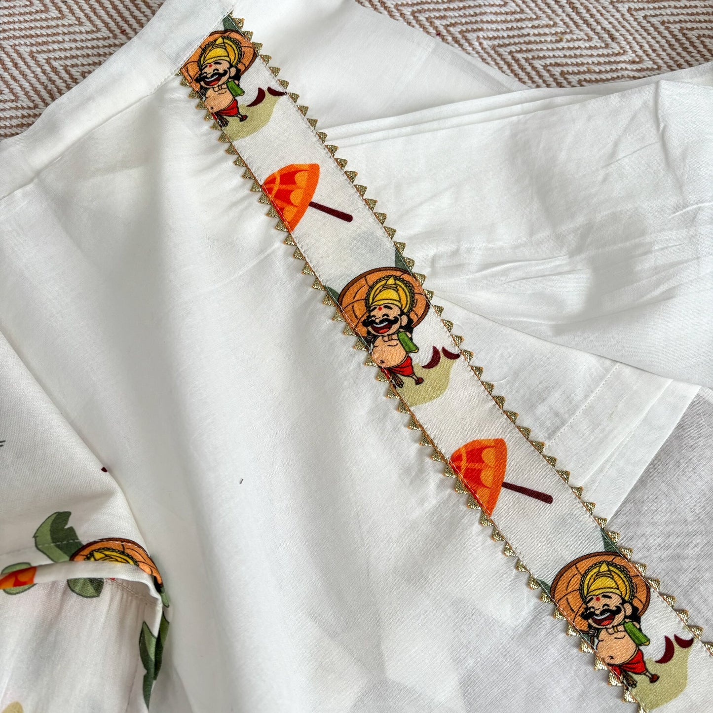 Onam special chanderi Mahabali print kurta mundu set for infants, toddlers and kids- perfect for festive occasion