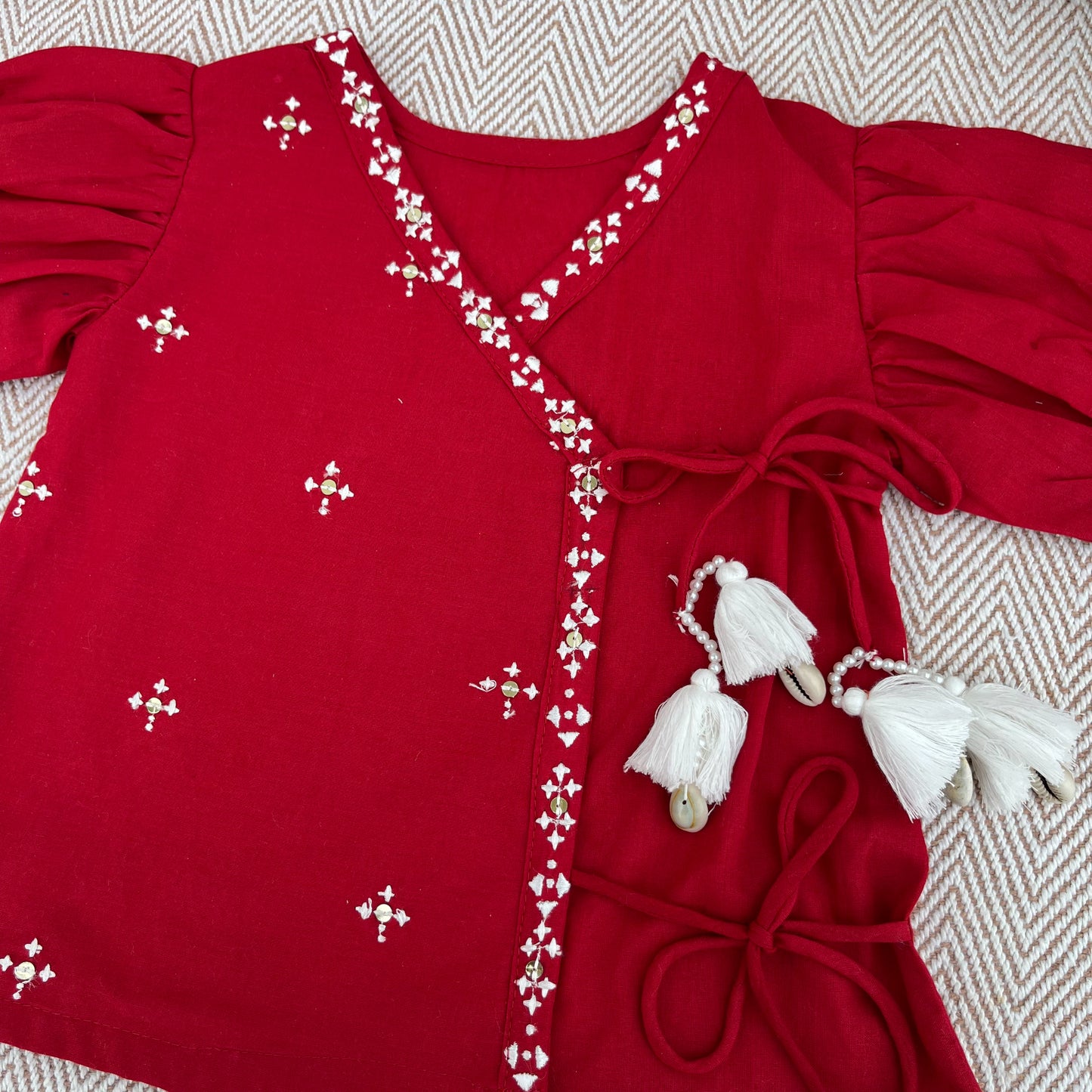 Organic Cotton Red Embroidered Angrakha Set for Girls