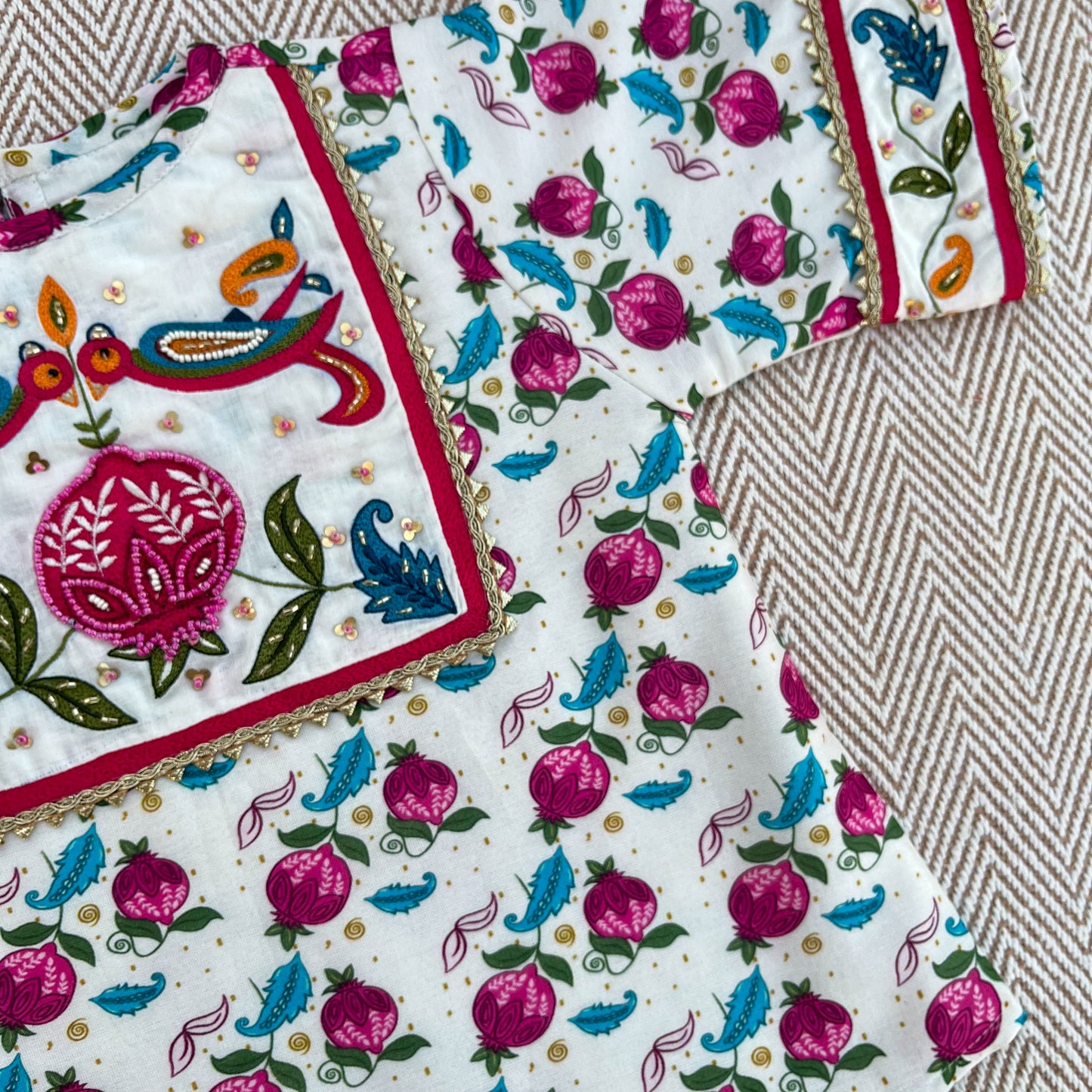 Chanderi 'Anaar and Peacock' Embroidered Kurta set for Girls