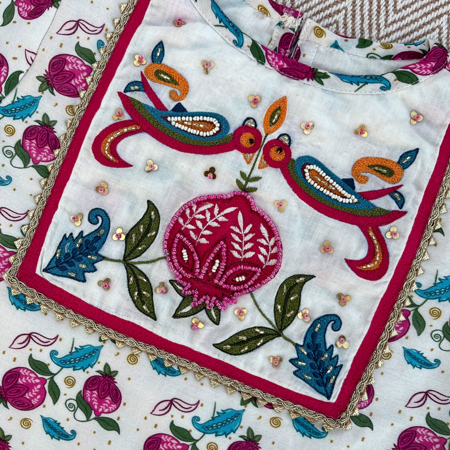 Chanderi 'Anaar and Peacock' Embroidered Kurta set for Girls