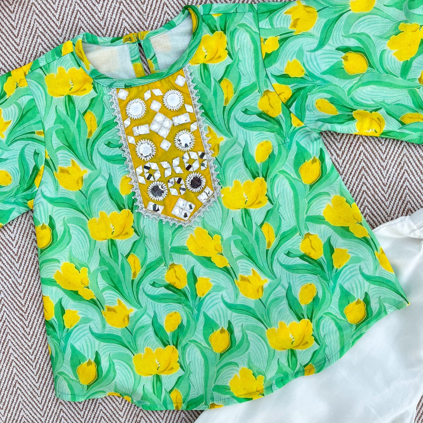 Chanderi Tulip Print Mirror work Kurta set for Girls