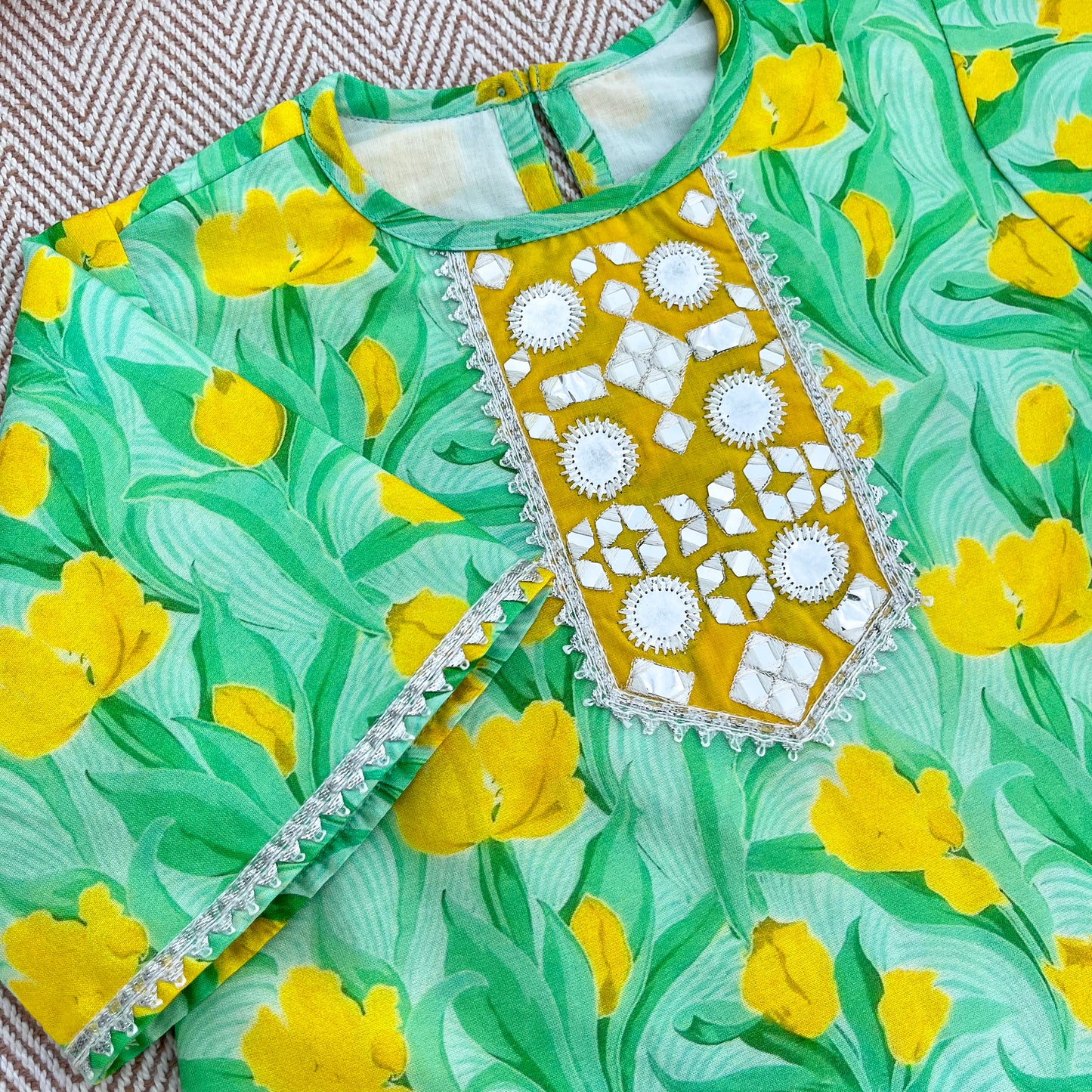 Chanderi Tulip Print Mirror work Kurta set for Girls