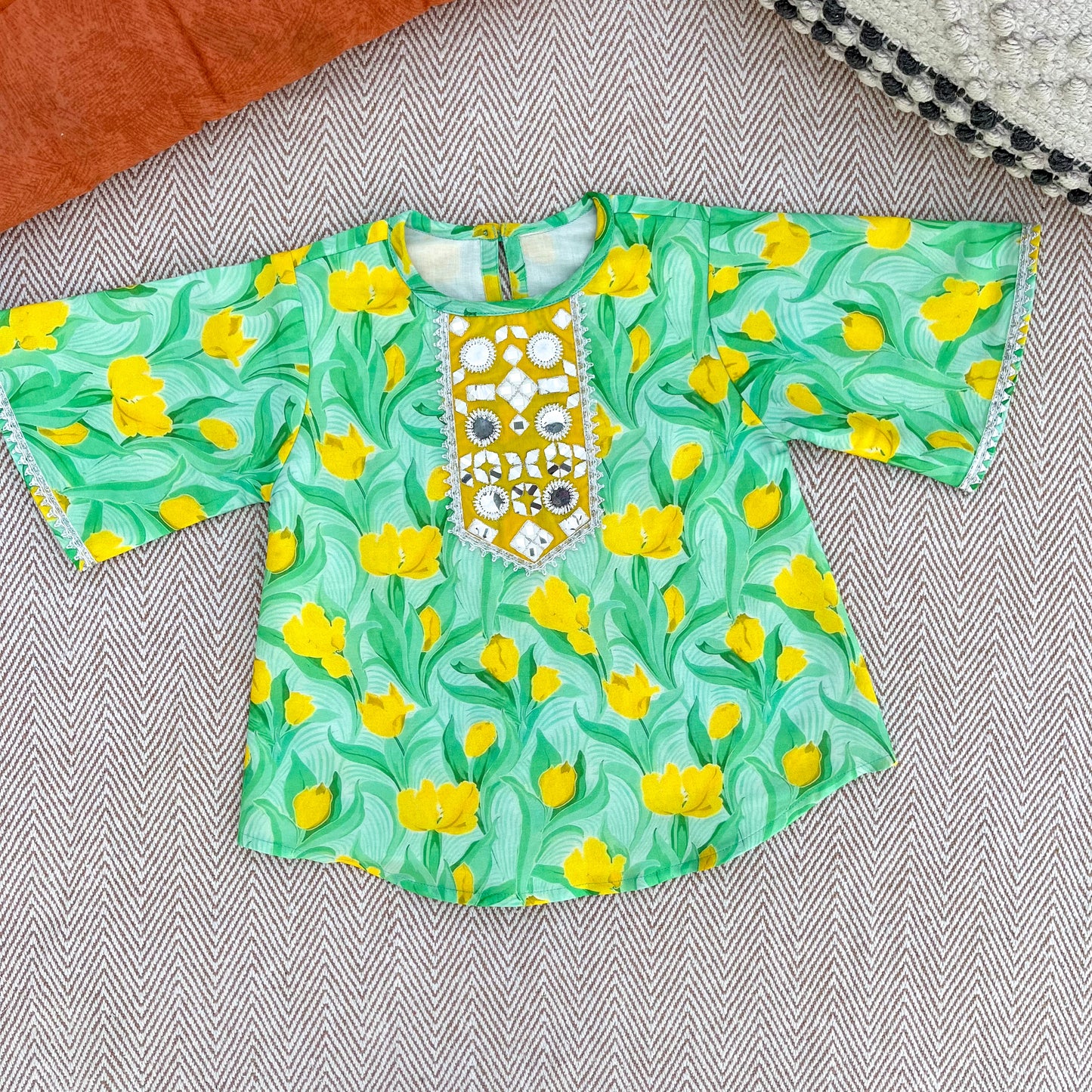 Chanderi Tulip Print Mirror work Kurta set for Girls