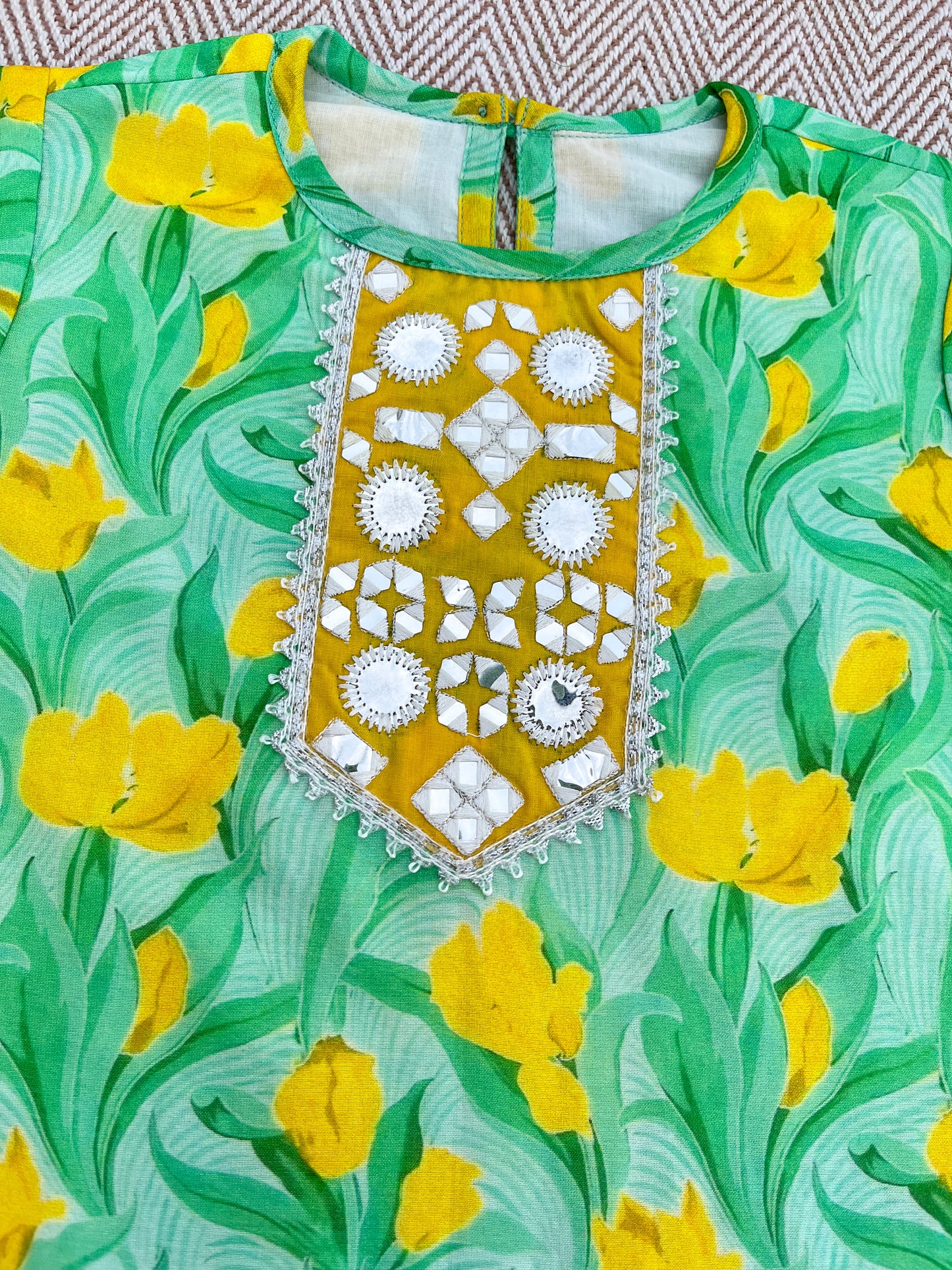 Chanderi Tulip Print Mirror work Kurta set for Girls