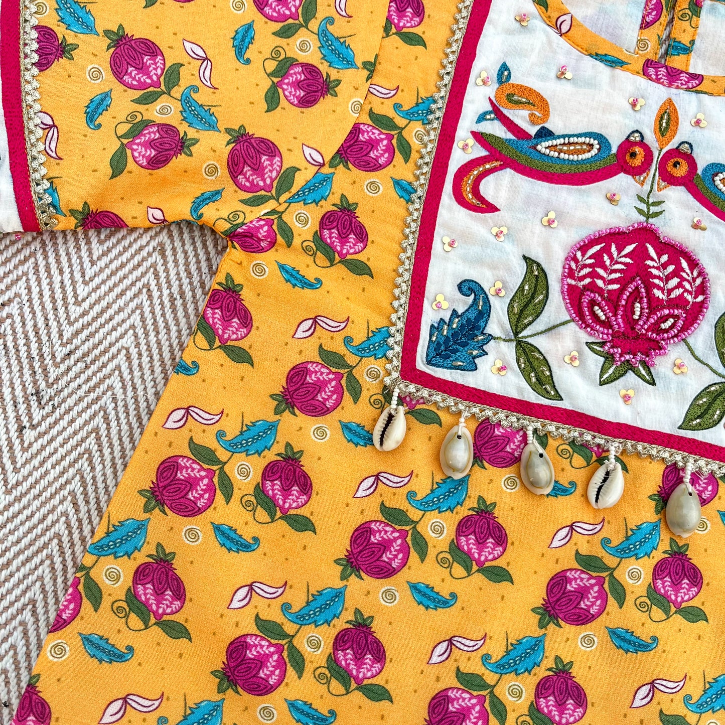 Chanderi 'Anaar and Peacock' Embroidered Yellow Kurta set for Girls