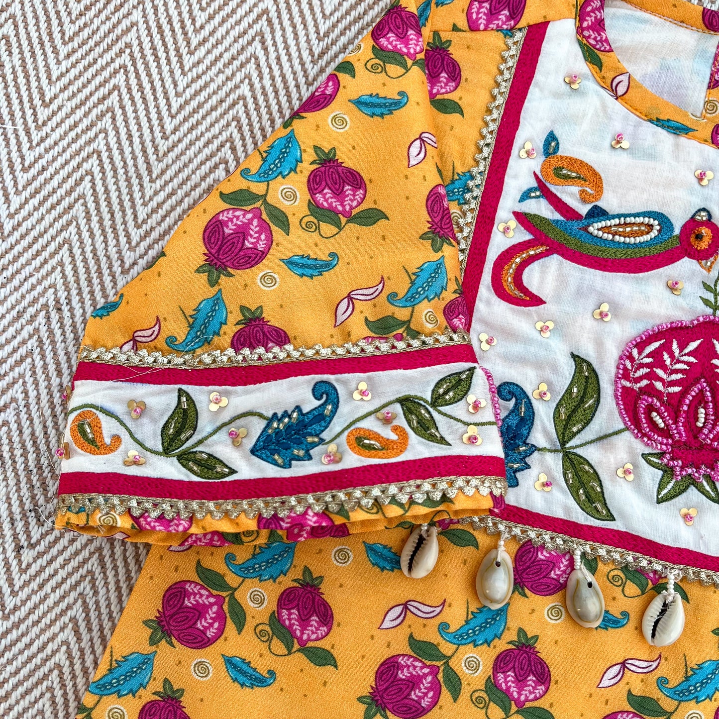 Chanderi 'Anaar and Peacock' Embroidered Yellow Kurta set for Girls