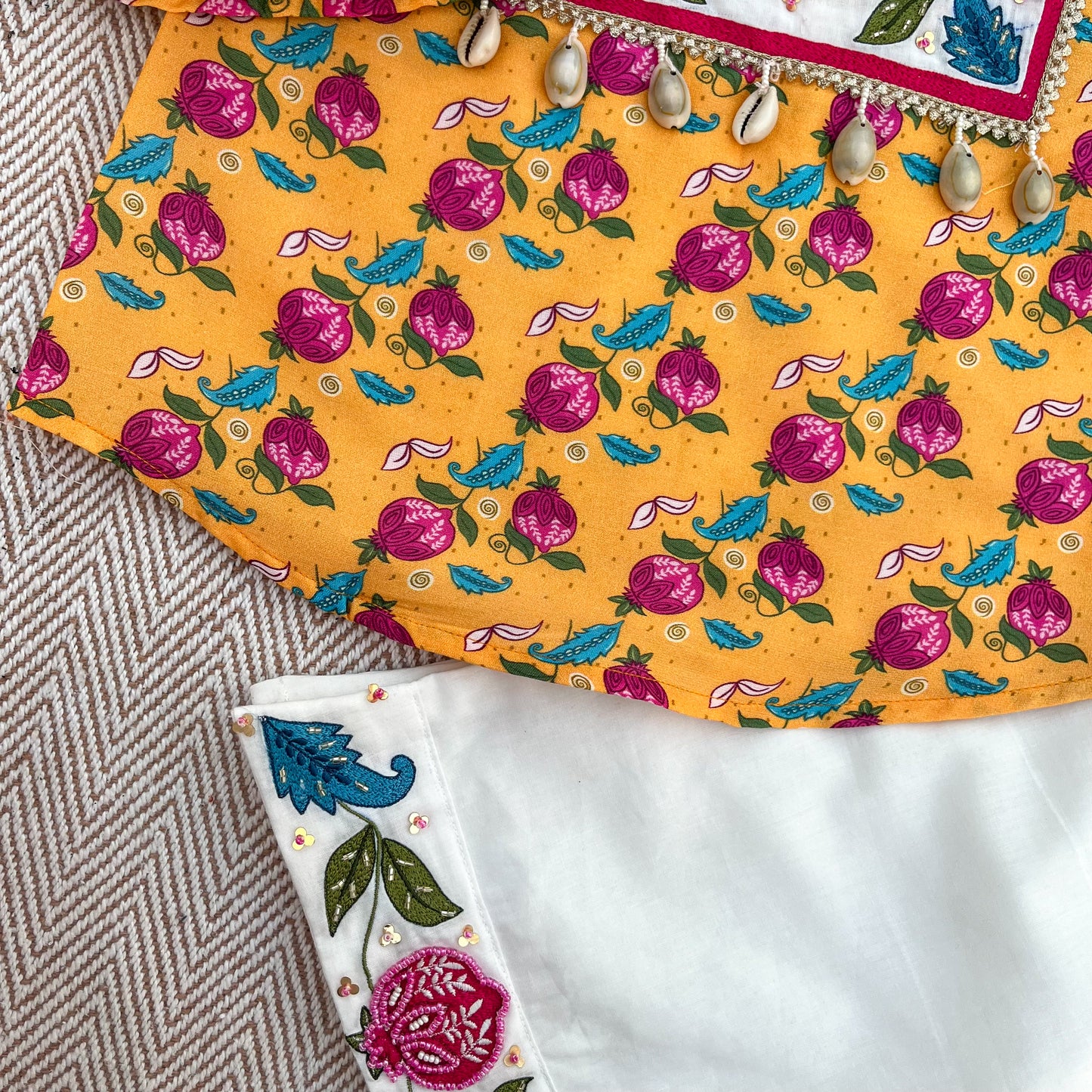 Chanderi 'Anaar and Peacock' Embroidered Yellow Kurta set for Girls