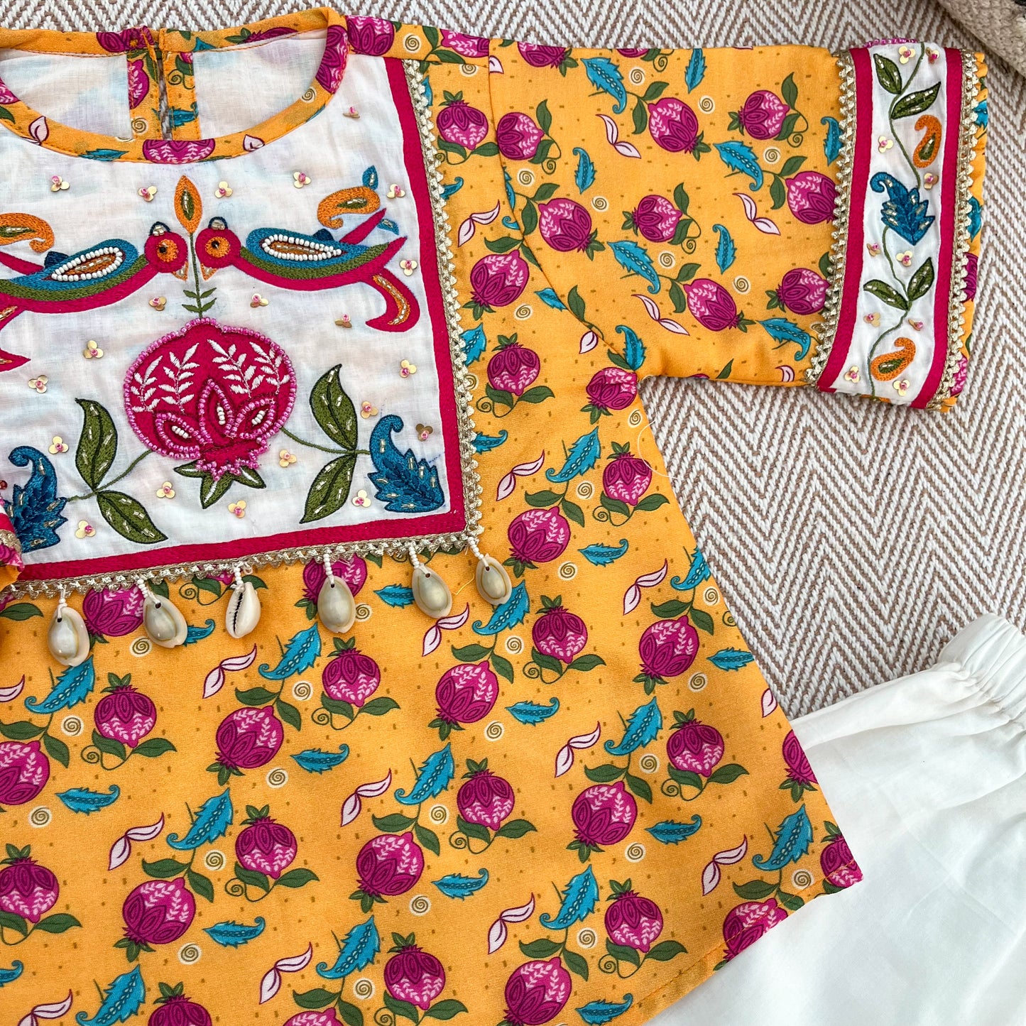Chanderi 'Anaar and Peacock' Embroidered Yellow Kurta set for Girls