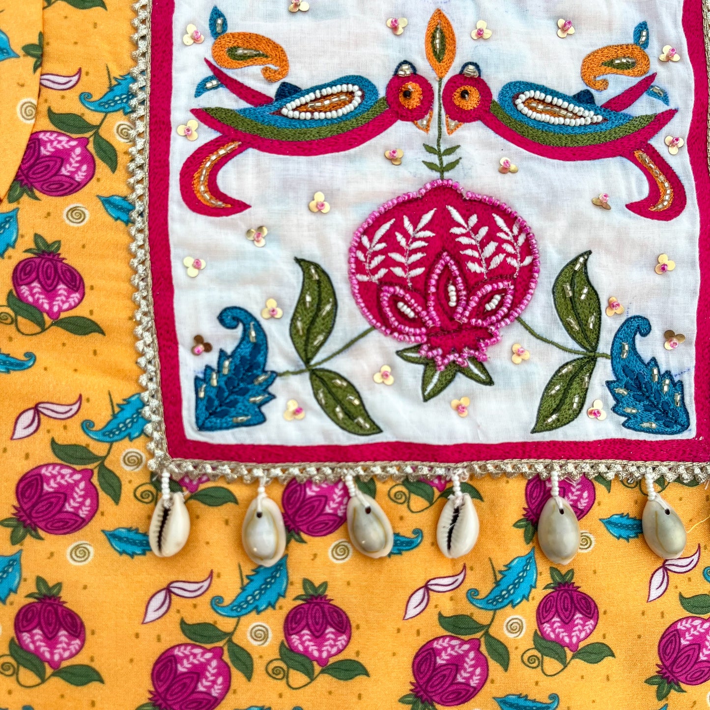 Chanderi 'Anaar and Peacock' Embroidered Yellow Kurta set for Girls