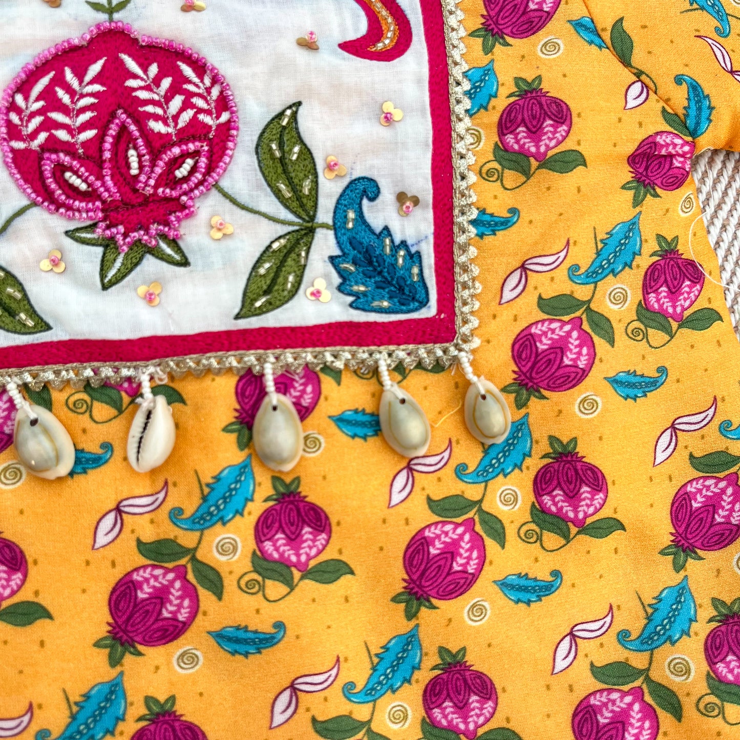Chanderi 'Anaar and Peacock' Embroidered Yellow Kurta set for Girls