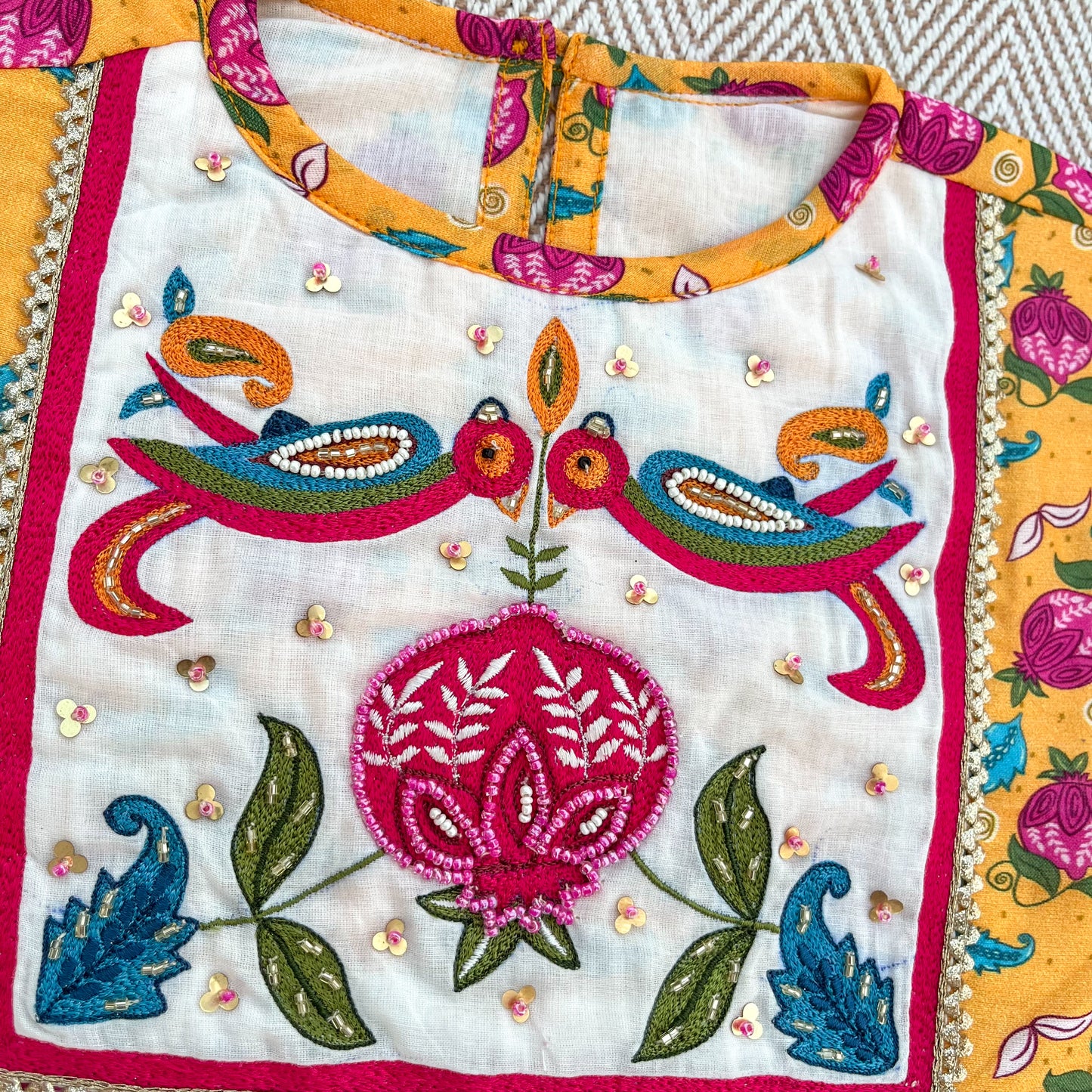 Chanderi 'Anaar and Peacock' Embroidered Yellow Kurta set for Girls