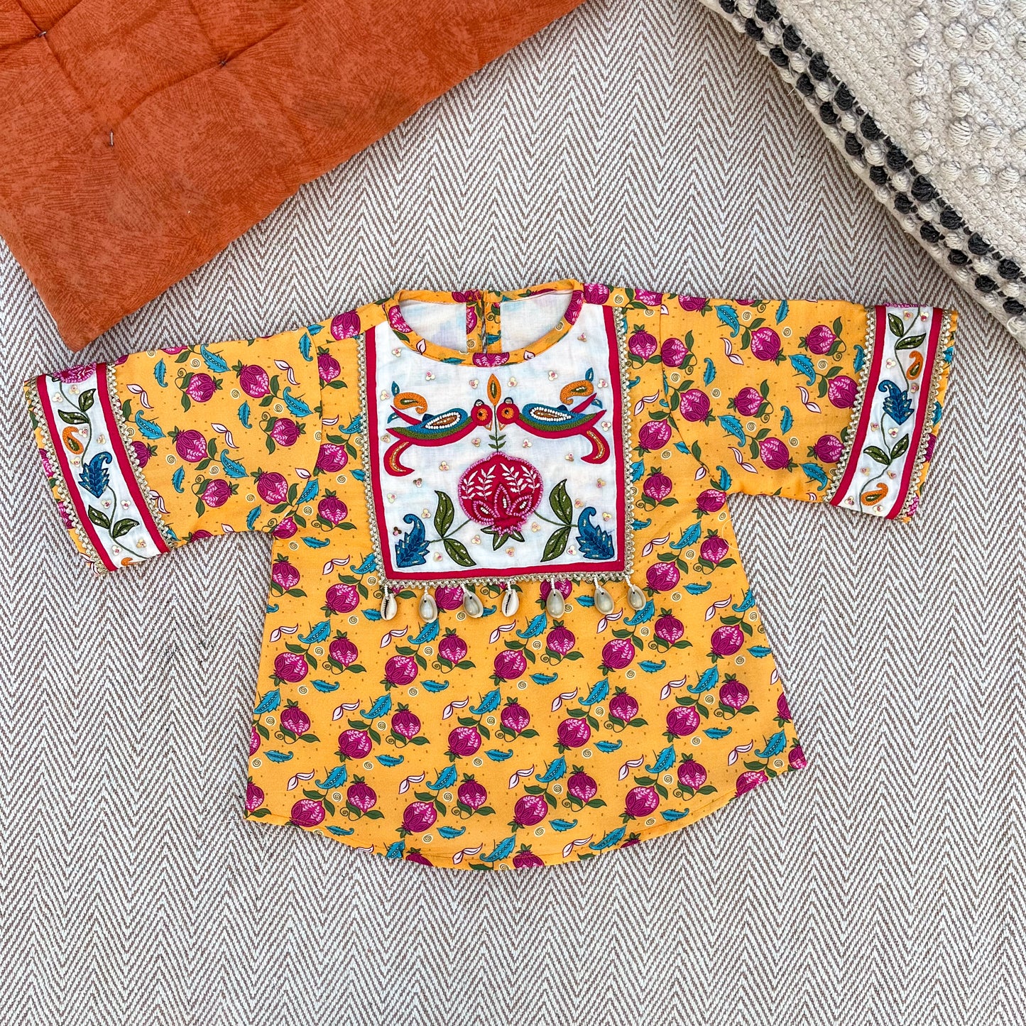 Chanderi 'Anaar and Peacock' Embroidered Yellow Kurta set for Girls