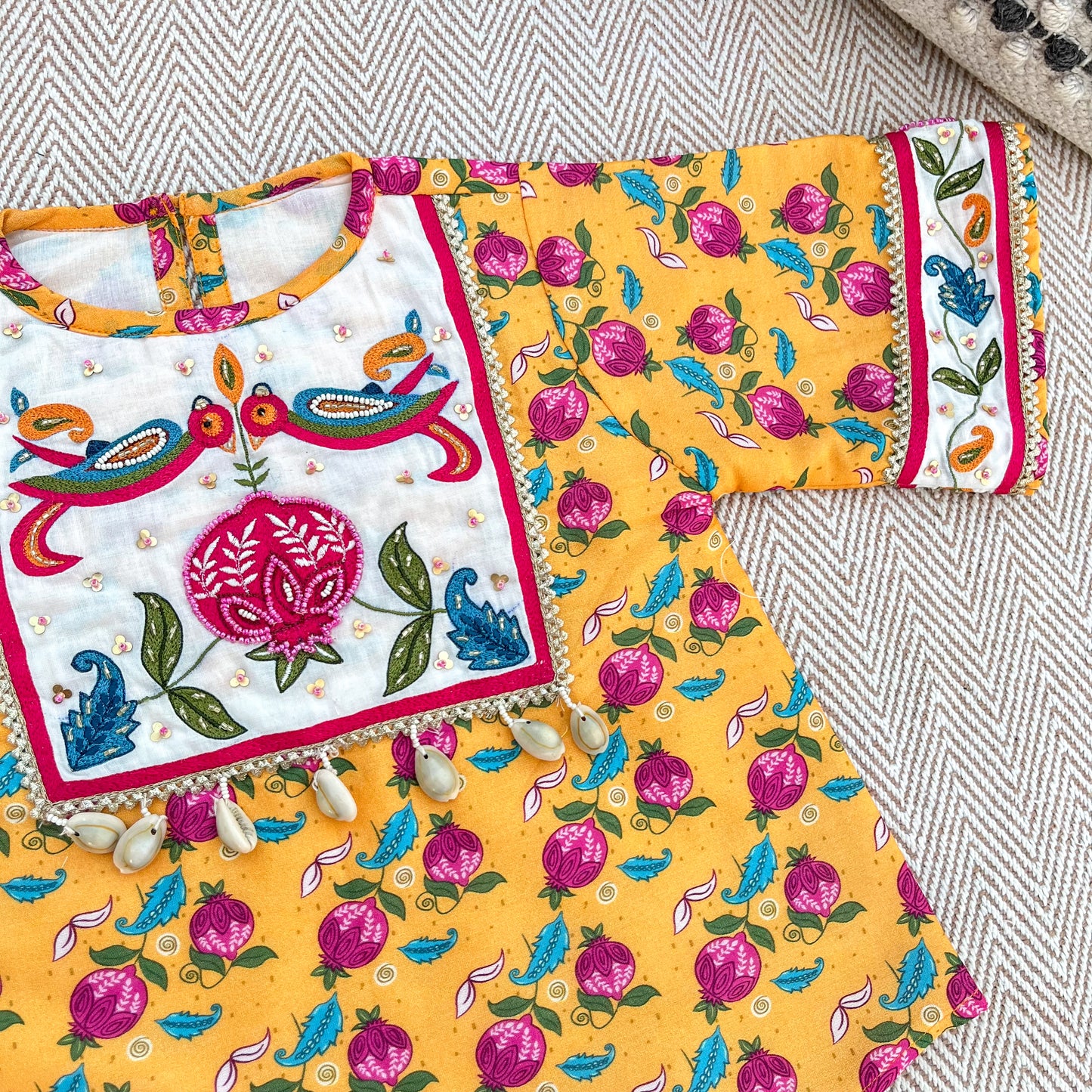 Chanderi 'Anaar and Peacock' Embroidered Yellow Kurta set for Girls
