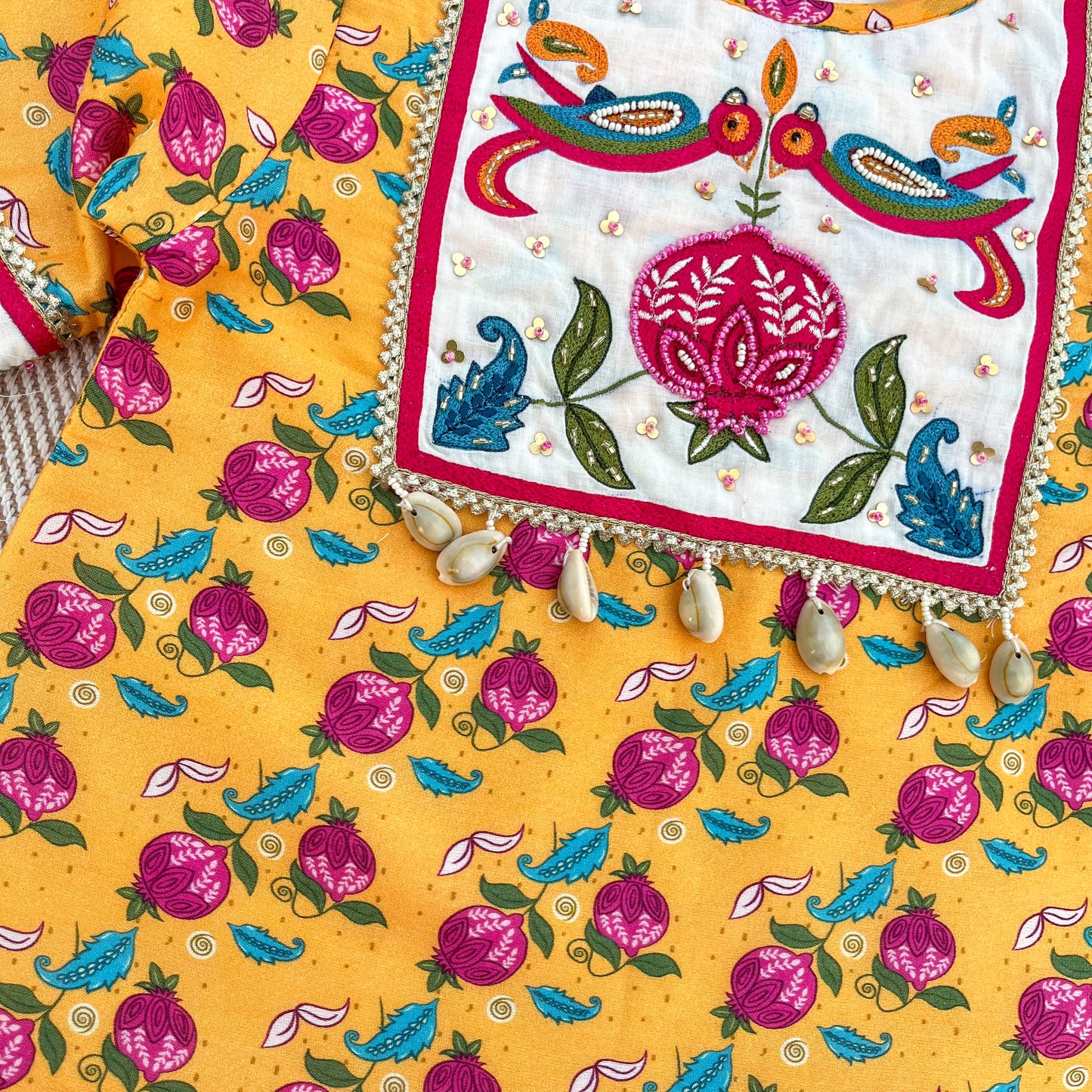 Chanderi 'Anaar and Peacock' Embroidered Yellow Kurta set for Girls