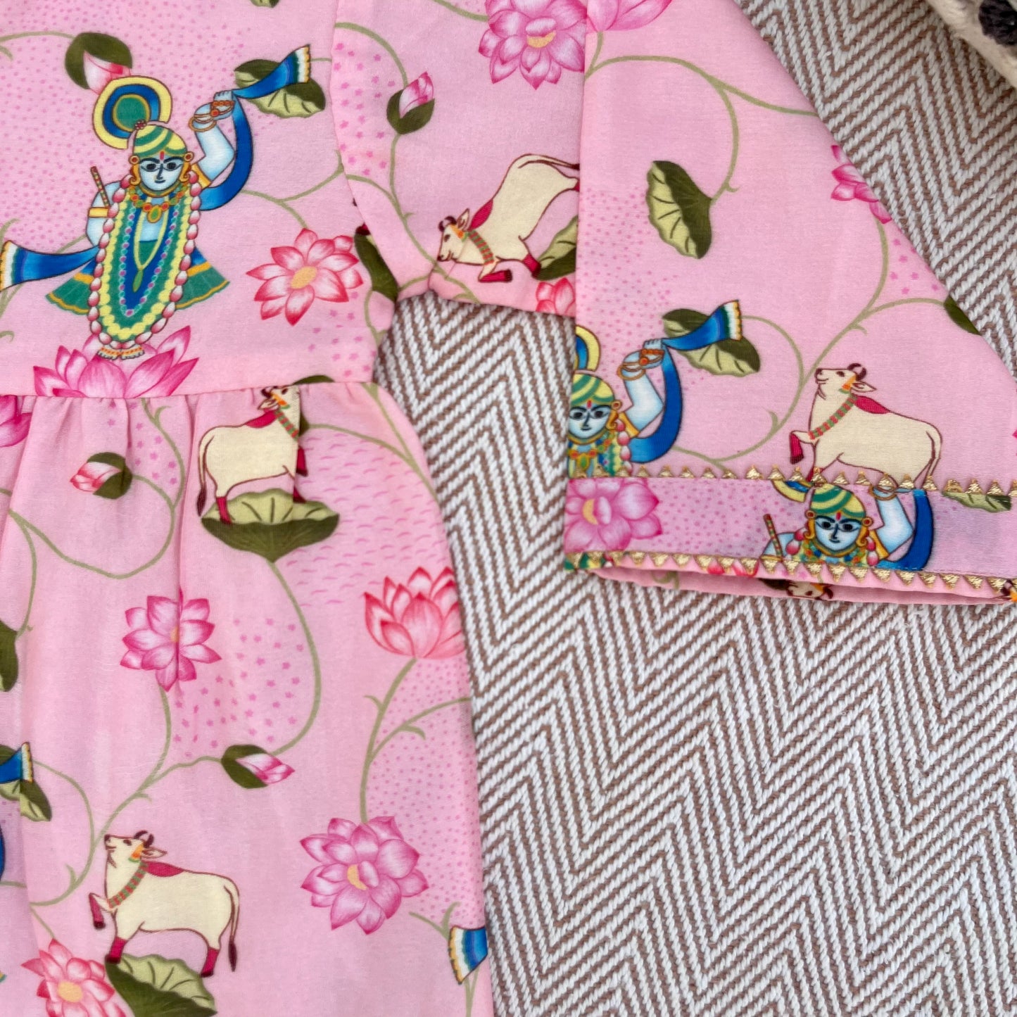 Chanderi Pichwai art inspired Shrinath ji print kurta set for infants, toddlers and kids-perfect for festive occasions