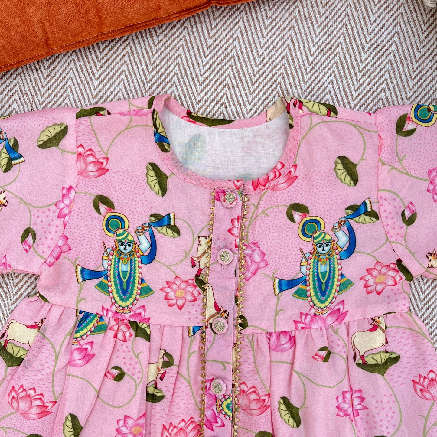 Chanderi Pichwai art inspired Shrinath ji print kurta set for infants, toddlers and kids-perfect for festive occasions