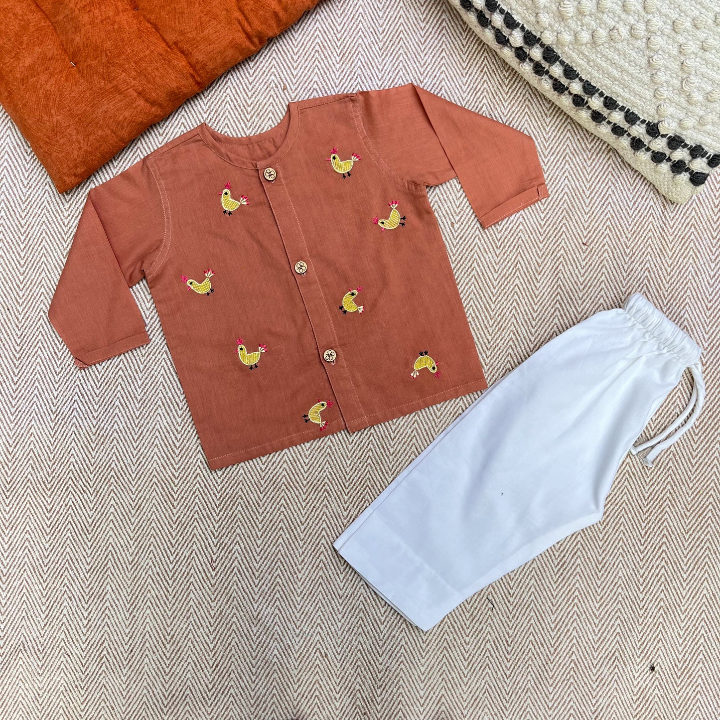 Organic Cotton Full Sleeves Jhabla Set- Hen