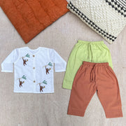 Organic Cotton Unisex Full Sleeves Jhabla with Two Pyjamas- Monkey
