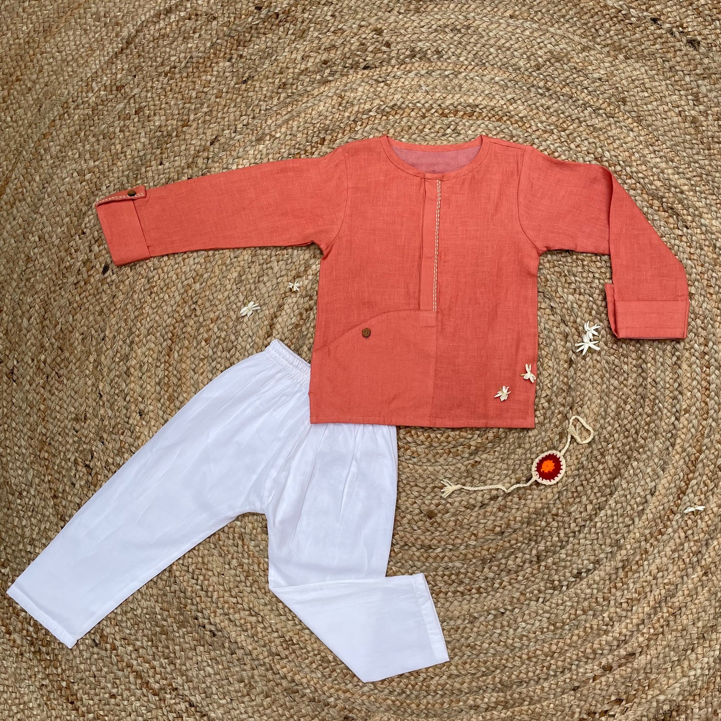 Handwoven Linen Kurta Set(Orange)