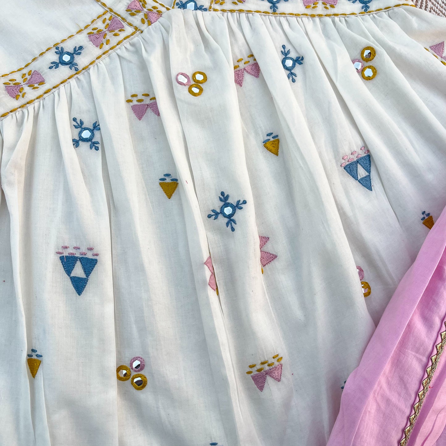 Organic cotton mirror work embroidered kurta set with dupatta by Bhaakur- perfect festive wear for infants, toddlers and kids.