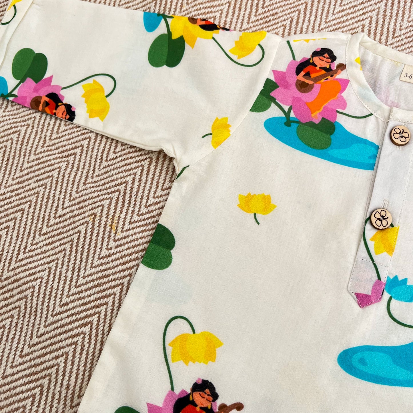 Organic cotton unisex Goddess Saraswati print kurta set for infants, toddlers and kids-perfect for festive occasions