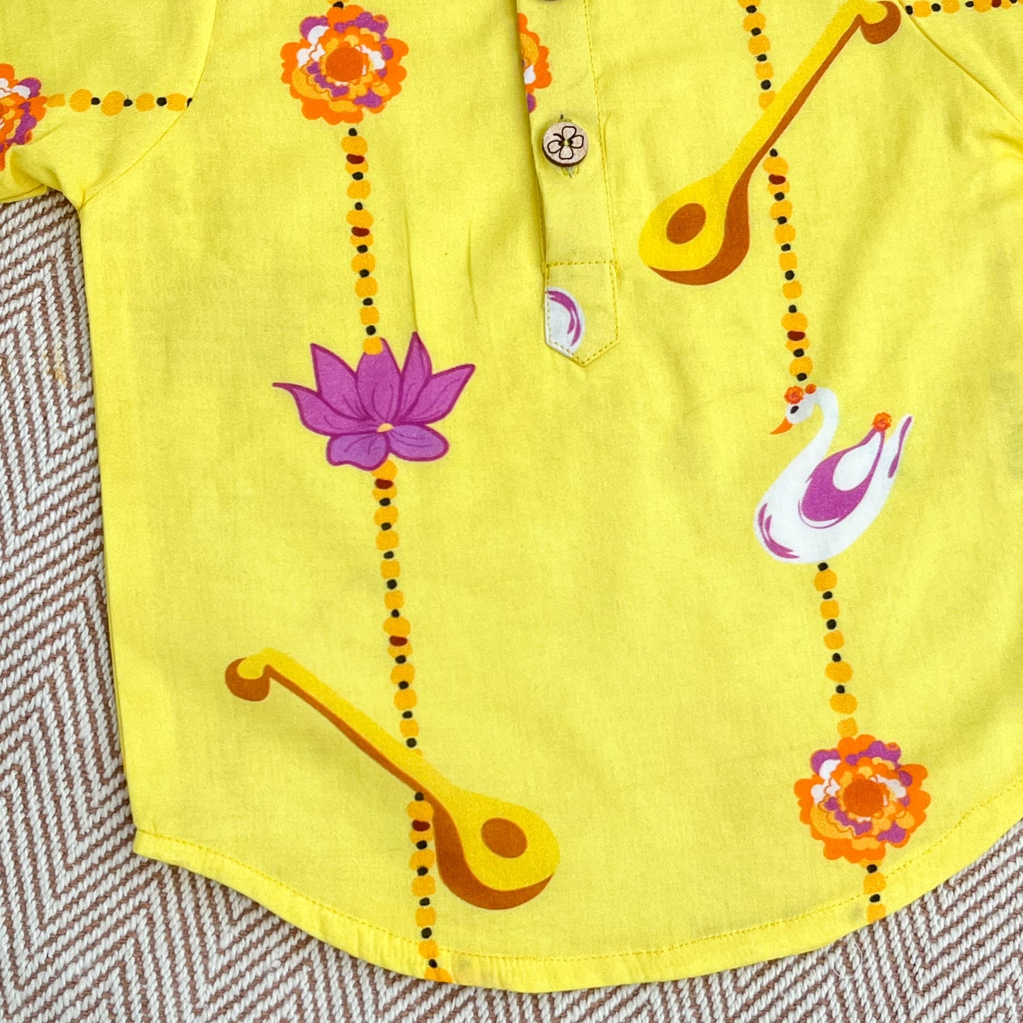 Basant Panchami special, yellow-coloured organic cotton veena and lotus kurta for infants, toddlers and kids-perfect for haldi ceremonies and festive occasions
