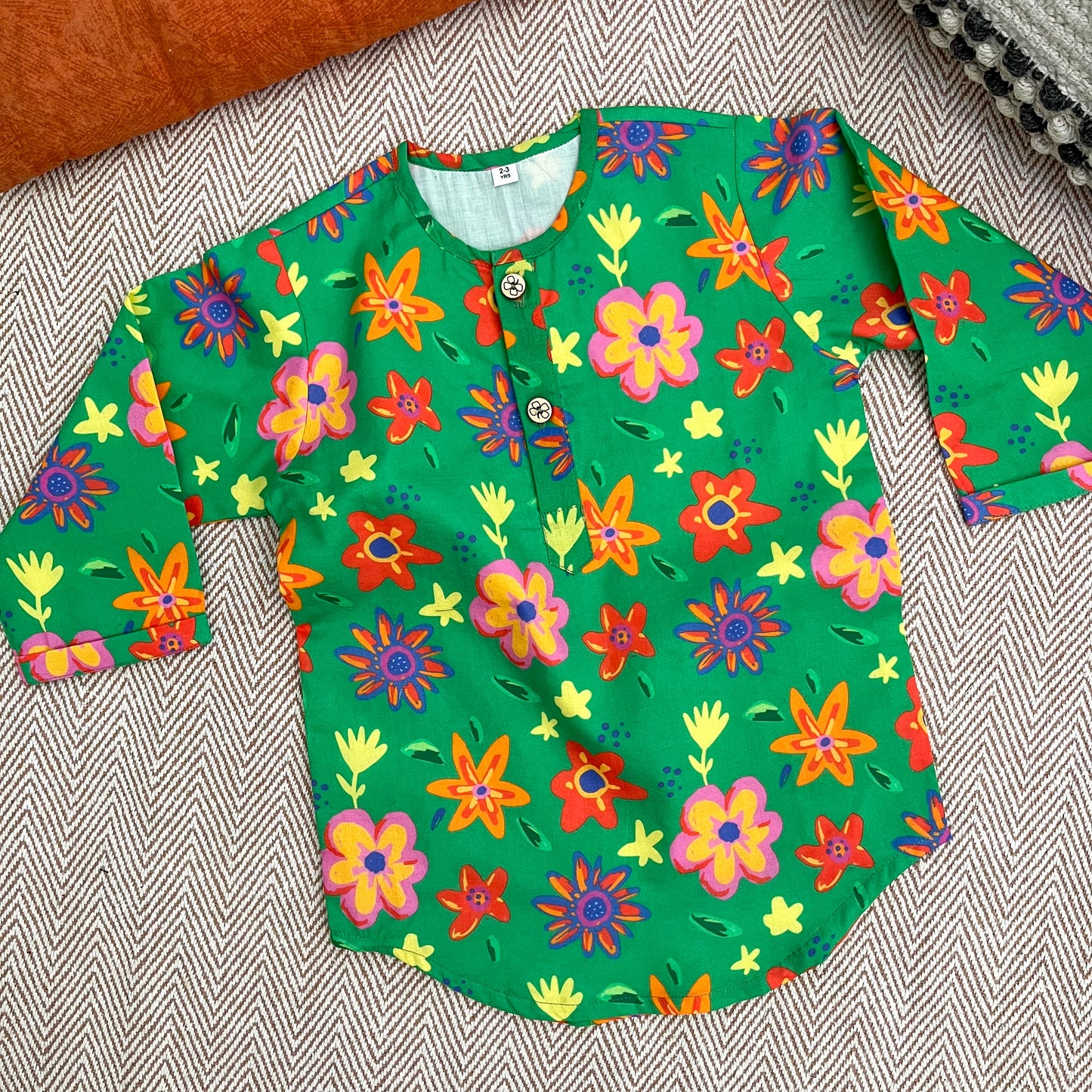 Organic cotton unisex green floral print kurta for infants, toddlers and kids-perfect for festive occasions