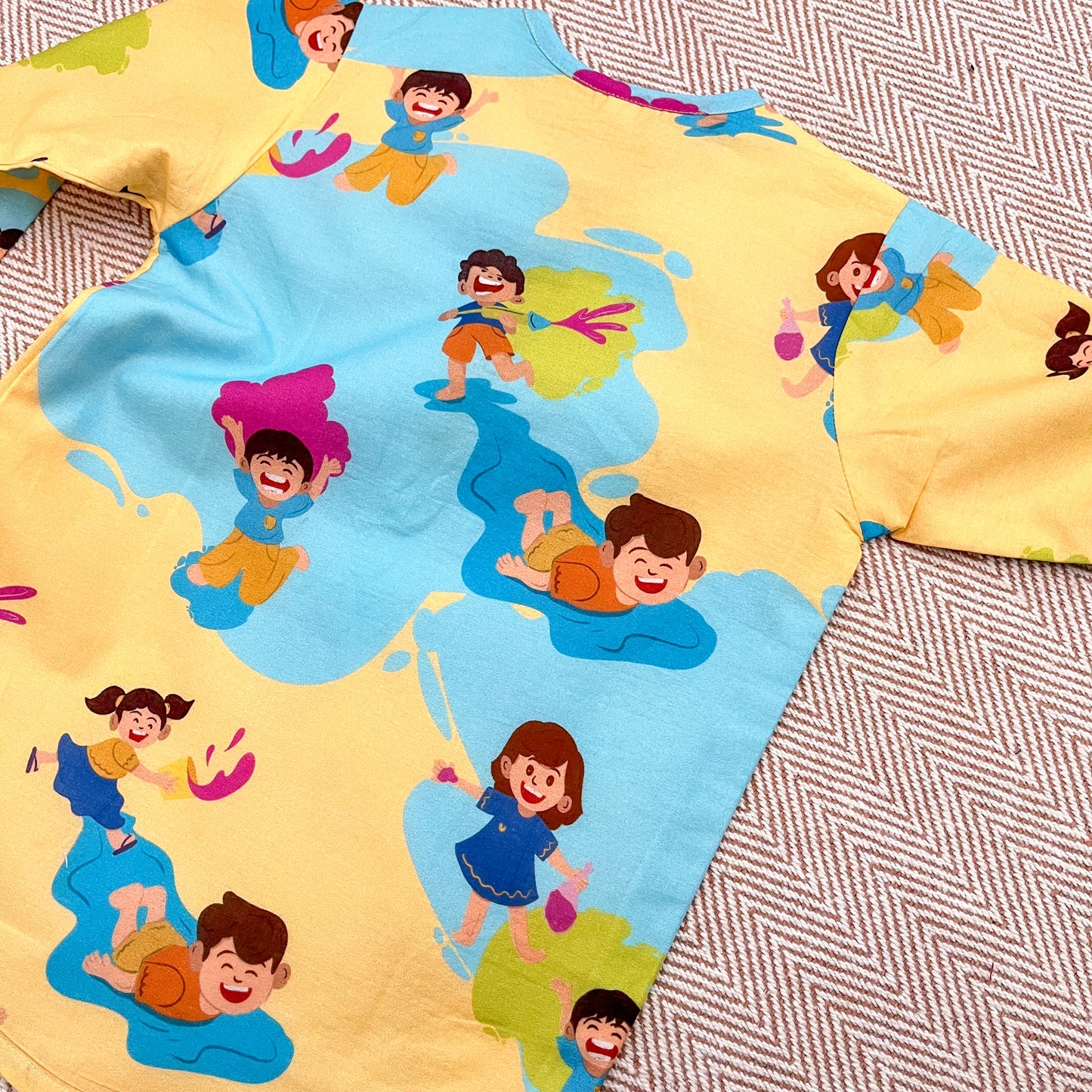 Organic Cotton Unisex 'Holi Hai' Kurta - Beige and Blue