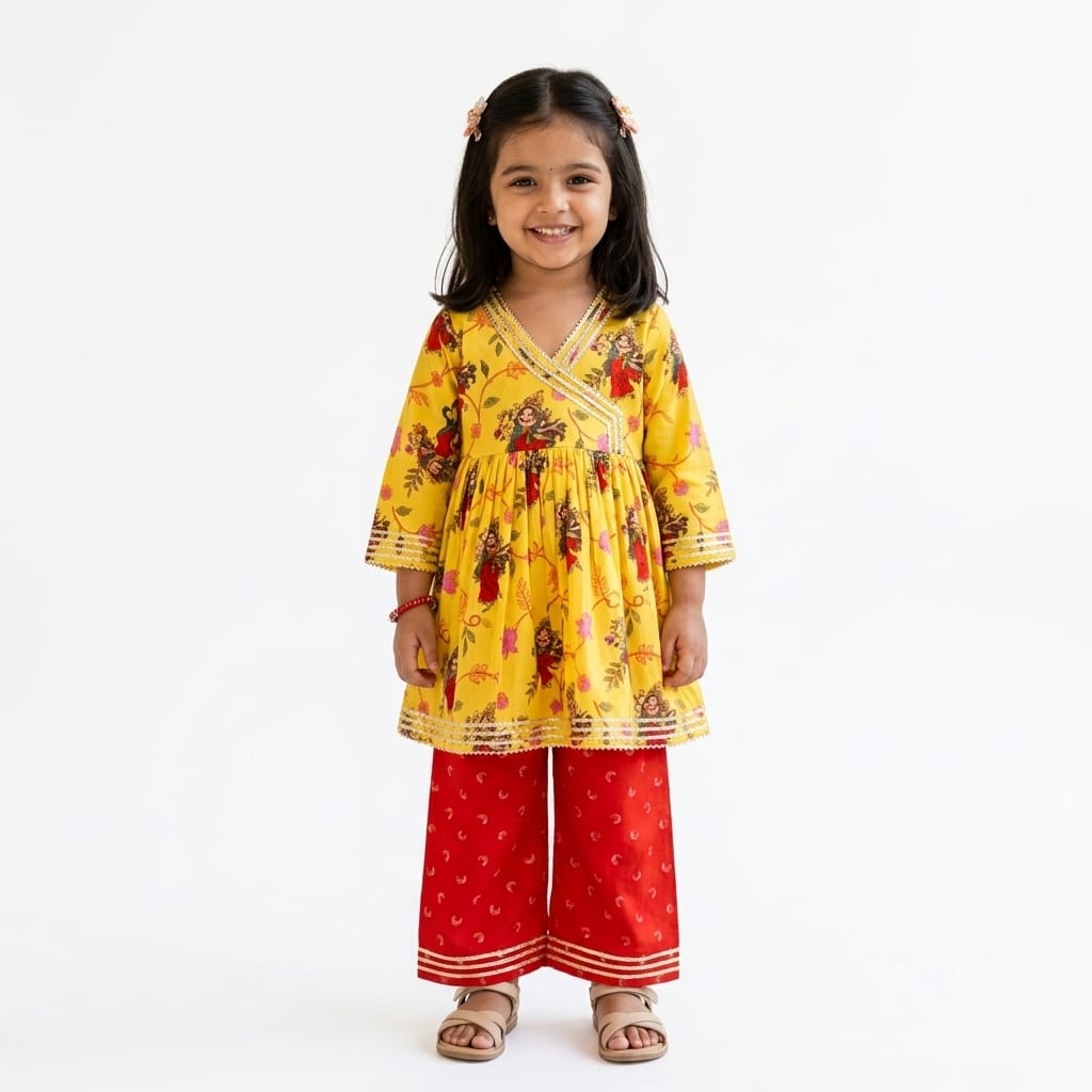 Organic Cotton 'Goddess Ambika' Kurta Set for Girls- Yellow