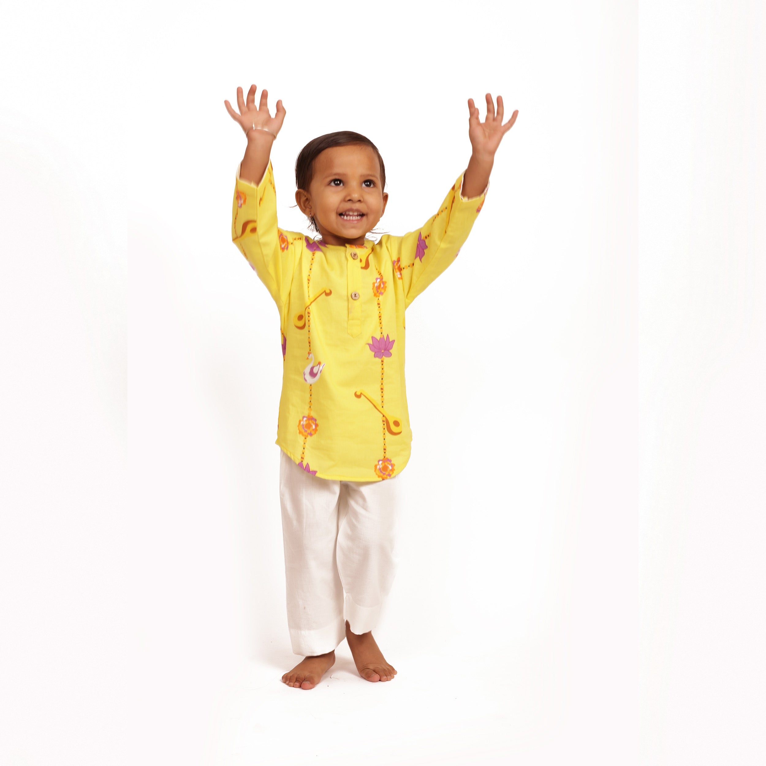 Basant Panchami special, yellow-coloured organic cotton veena and lotus kurta set for infants, toddlers and kids-perfect for haldi ceremonies and festive occasions