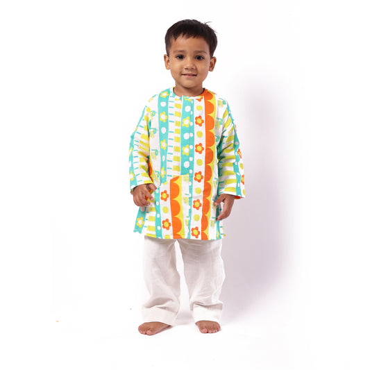 Mul Chanderi 'Rang Birangi Duniya' Kurta Set for Boys