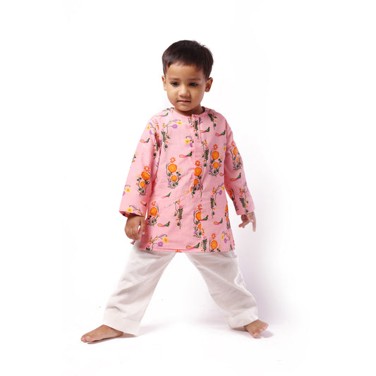 Mul Chanderi 'The Pink City's Peacock' Kurta Set for Boys