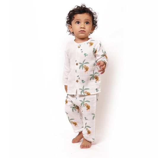 Muslin Full Sleeves Jhabla Set- Monkeying around